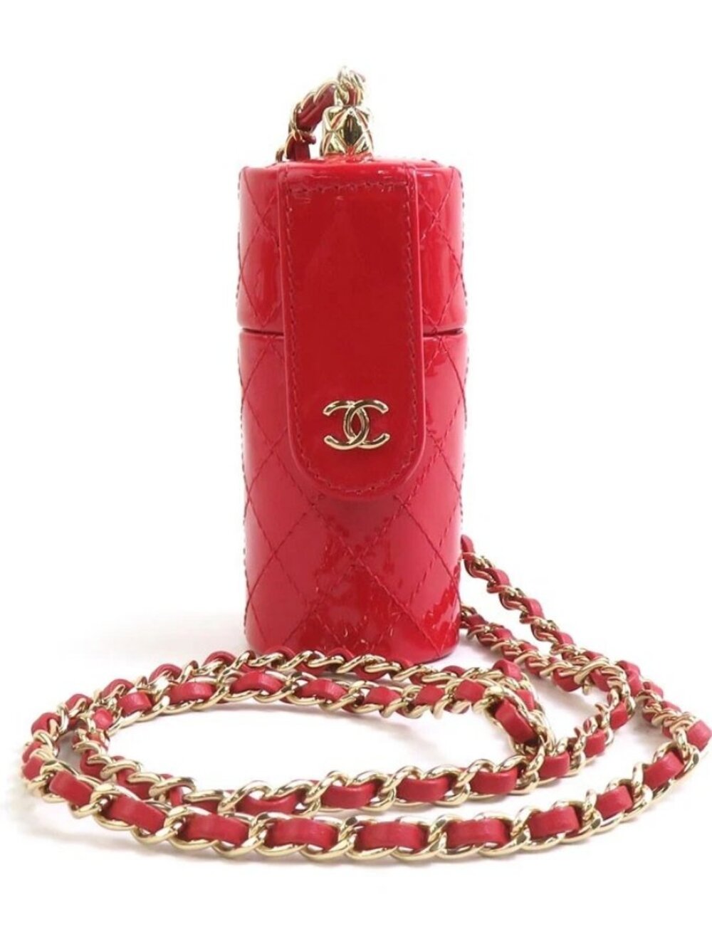 CHANEL Necklace Lip Case Red/Gold Patent Leather/Metal -